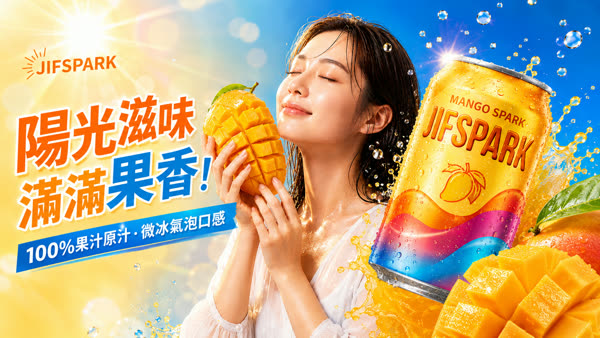 芒果氣泡飲廣告，女生捧著芒果與飲料罐